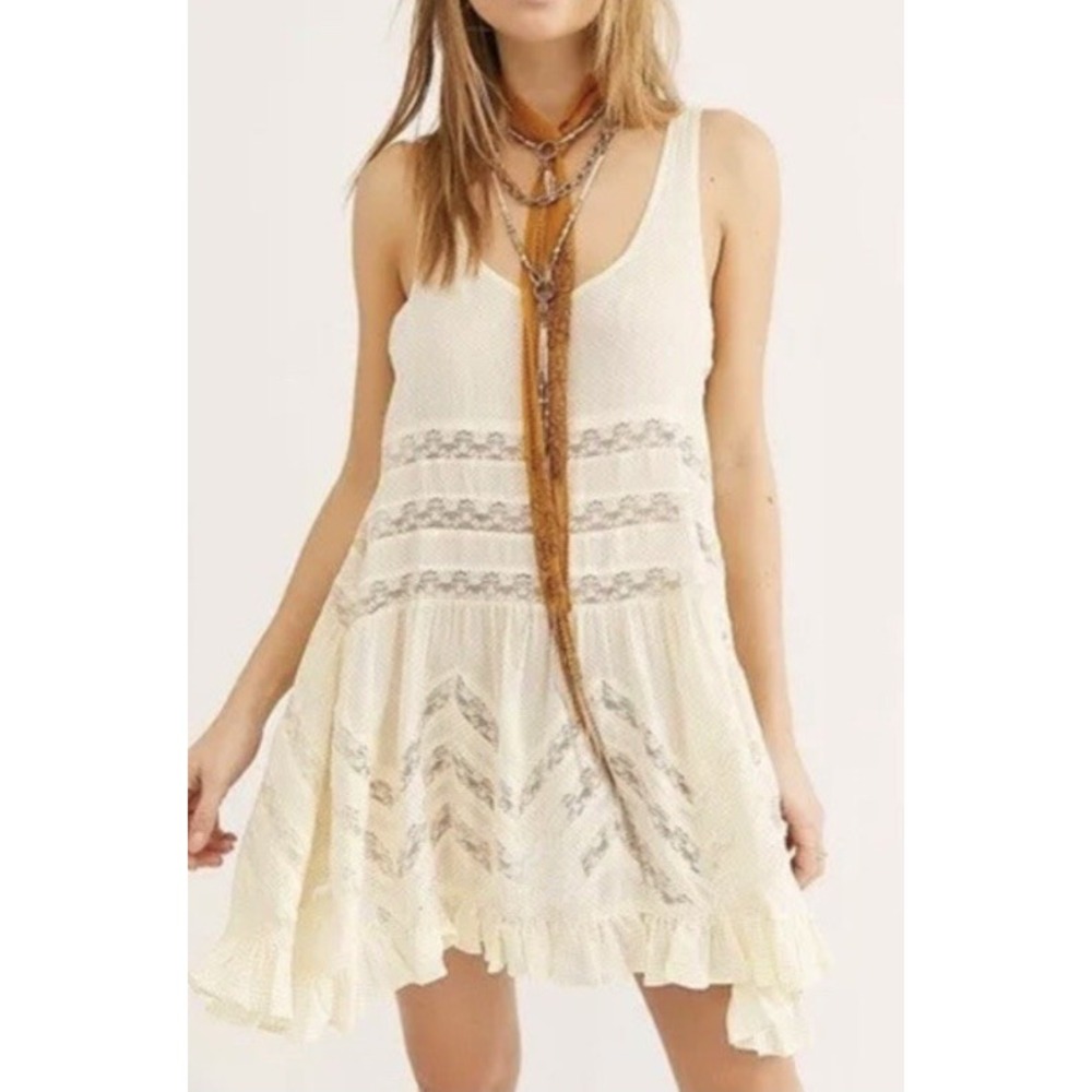 Free People Voile Polka Dot Lace Trapeze Slip Babydoll Dress Tunic Tank White M